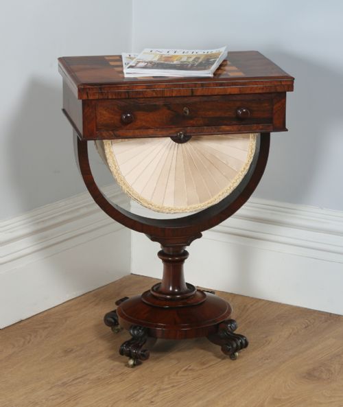 Antique English William IV Rosewood & Birds Eye Maple Work Sewing Chess Games Table (Circa 1830)