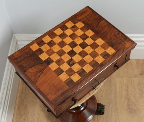 fig 2. Antique English William IV Rosewood & Birds Eye Maple Work Sewing Chess Games Table (Circa 1830)