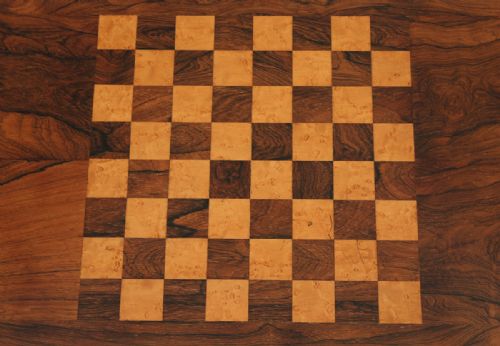 fig 3. Antique English William IV Rosewood & Birds Eye Maple Work Sewing Chess Games Table (Circa 1830)