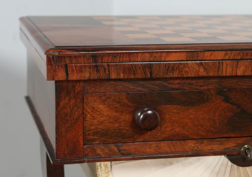 fig 5. Antique English William IV Rosewood & Birds Eye Maple Work Sewing Chess Games Table (Circa 1830)