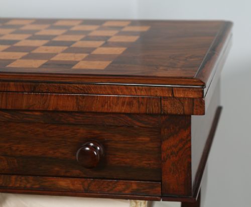 fig 6. Antique English William IV Rosewood & Birds Eye Maple Work Sewing Chess Games Table (Circa 1830)