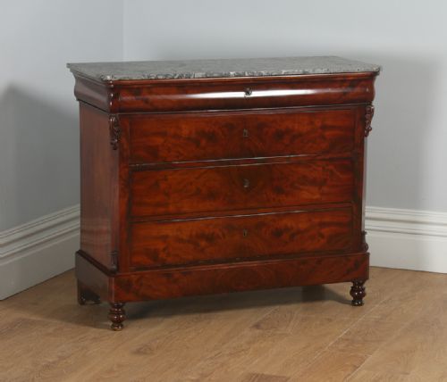 fig 1. Antique French Louis Philippe Flame Mahogany & Marble Commode Chest of Drawers (Circa 1850)