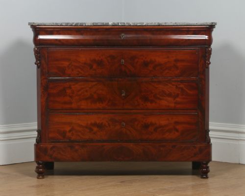 fig 2. Antique French Louis Philippe Flame Mahogany & Marble Commode Chest of Drawers (Circa 1850)