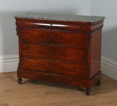 fig 3. Antique French Louis Philippe Flame Mahogany & Marble Commode Chest of Drawers (Circa 1850)