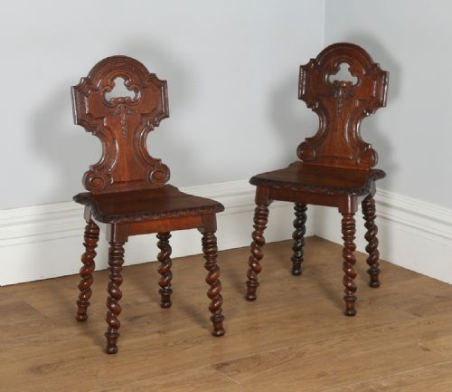 Antique English Victorian Pair of Gothic Style Carved Oak Hall / Side Chairs (Circa 1860)