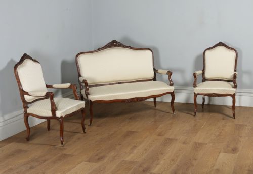 Antique French Louis XVI Style Walnut Three Piece Suite Comprising One Sofa & Two Armchairs (Circa 1860)