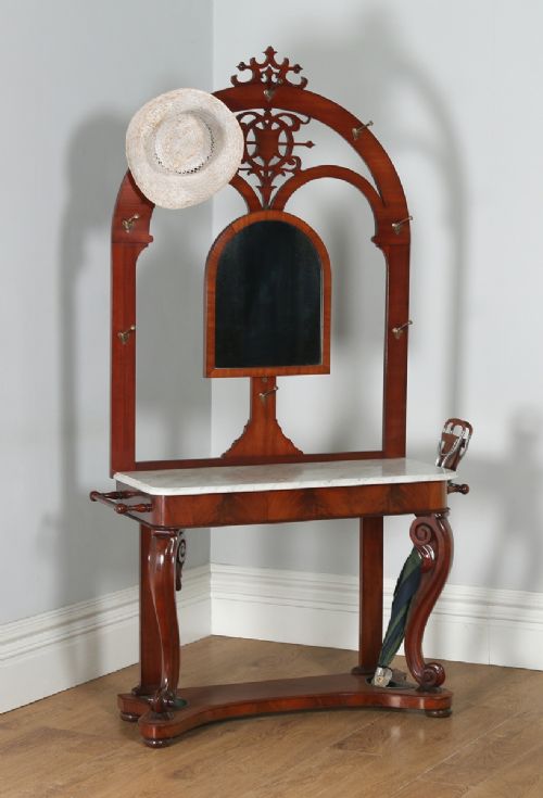 Antique English Victorian Mahogany & Marble Coat, Hat, Stick & Umbrella Hallstand with Mirror (Circa 1870)
