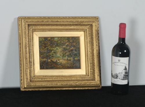 fig 1. Antique English Small Oil Painting of Autumnal Forest Country Scene Attributable to Joseph Thors (Circa 1870)