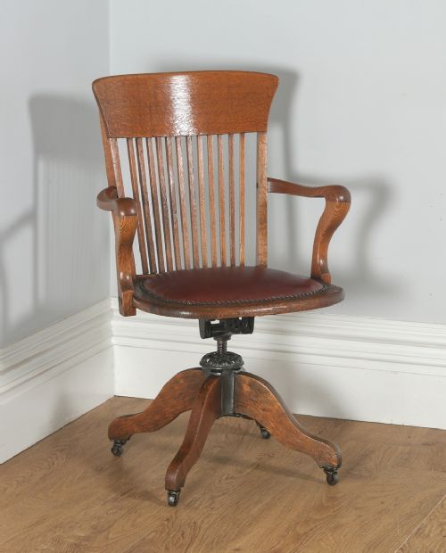 Antique English Edwardian Oak & Leather Revolving Office Desk Arm Chair (Circa 1910)