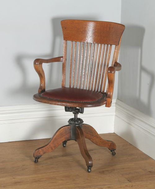 fig 2. Antique English Edwardian Oak & Leather Revolving Office Desk Arm Chair (Circa 1910)