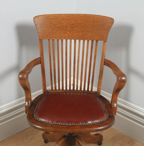 fig 3. Antique English Edwardian Oak & Leather Revolving Office Desk Arm Chair (Circa 1910)