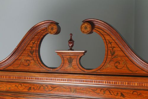 fig 2. Antique Georgian Sheraton Style Marquetry Inlaid Satinwood & Mahogany Serpentine Glass Display Cabinet On Stand Attributable to Edwards & Roberts (Circa 1890)