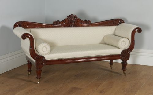 Antique English Late Regency / William IV Mahogany Upholstered Double Scroll End Sofa Couch (Circa 1830 - 1840)