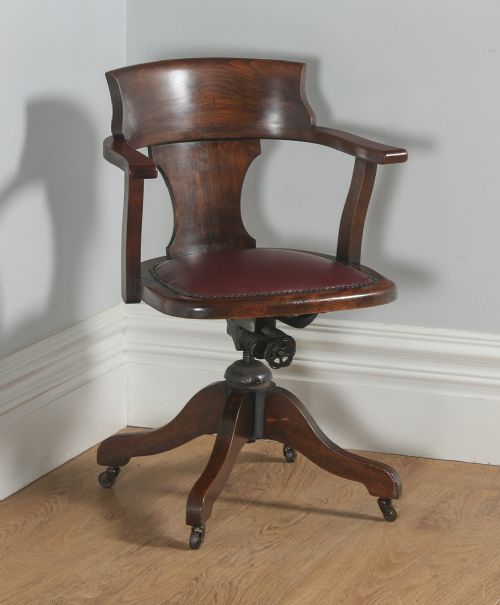 Antique English Edwardian Beech & Burgundy Red Leather Revolving Office Desk Arm Chair (Circa 1920)