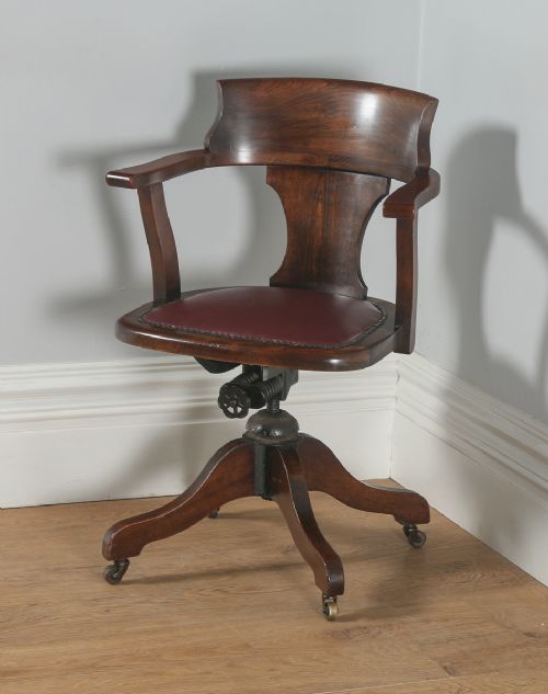 fig 1. Antique English Edwardian Beech & Burgundy Red Leather Revolving Office Desk Arm Chair (Circa 1920)