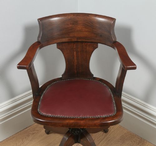 fig 3. Antique English Edwardian Beech & Burgundy Red Leather Revolving Office Desk Arm Chair (Circa 1920)