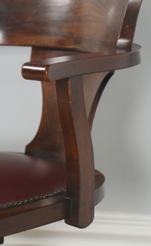 fig 4. Antique English Edwardian Beech & Burgundy Red Leather Revolving Office Desk Arm Chair (Circa 1920)