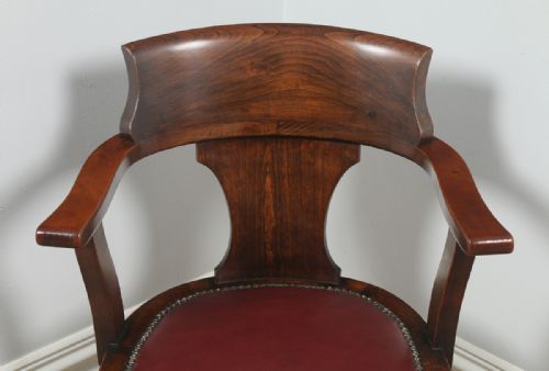 fig 5. Antique English Edwardian Beech & Burgundy Red Leather Revolving Office Desk Arm Chair (Circa 1920)