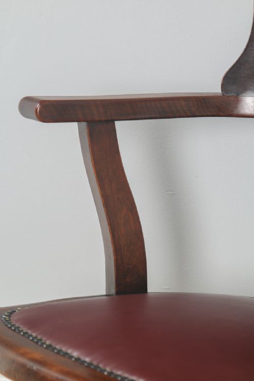 fig 7. Antique English Edwardian Beech & Burgundy Red Leather Revolving Office Desk Arm Chair (Circa 1920)