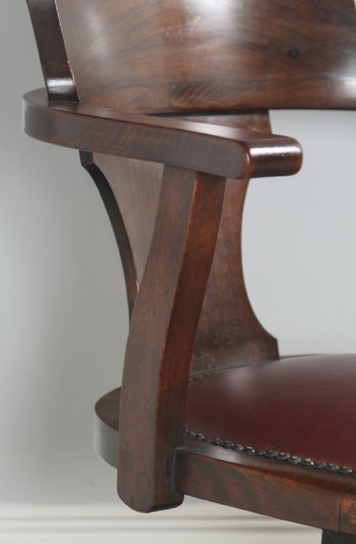 fig 8. Antique English Edwardian Beech & Burgundy Red Leather Revolving Office Desk Arm Chair (Circa 1920)