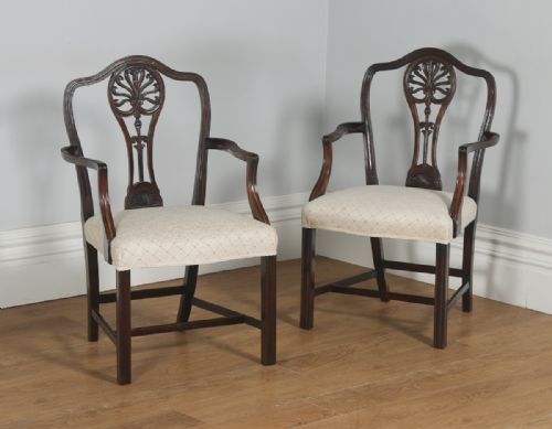 Antique English Pair of Georgian Hepplewhite Style Mahogany Library Office Desk Carver Arm Side Chairs (Circa 1910)