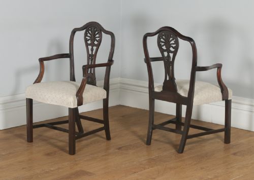 fig 1. Antique English Pair of Georgian Hepplewhite Style Mahogany Library Office Desk Carver Arm Side Chairs (Circa 1910)