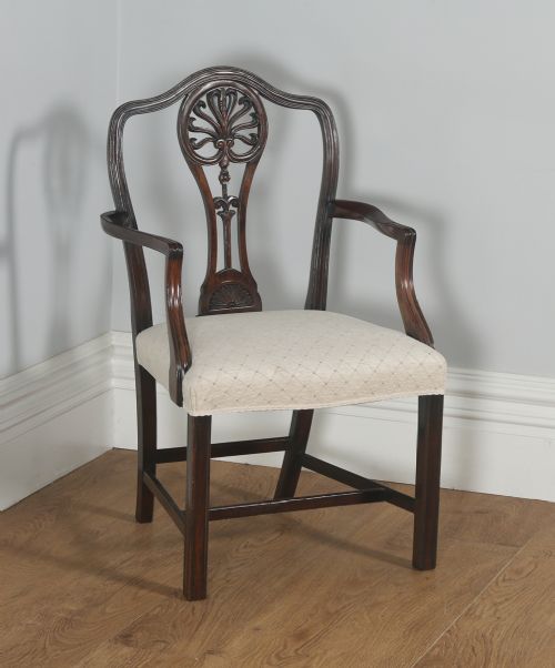 fig 6. Antique English Pair of Georgian Hepplewhite Style Mahogany Library Office Desk Carver Arm Side Chairs (Circa 1910)