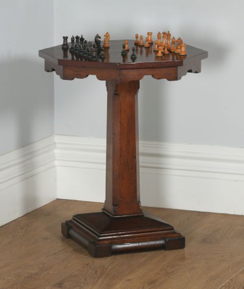 Antique English Victorian Aesthetic Walnut & Sycamore Chess Games Occasional Centre Octagonal Table (Circa 1880)