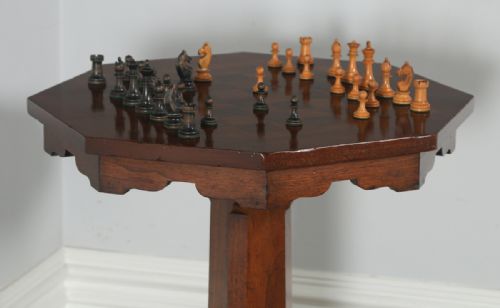 fig 1. Antique English Victorian Aesthetic Walnut & Sycamore Chess Games Occasional Centre Octagonal Table (Circa 1880)