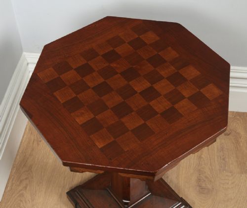 fig 5. Antique English Victorian Aesthetic Walnut & Sycamore Chess Games Occasional Centre Octagonal Table (Circa 1880)