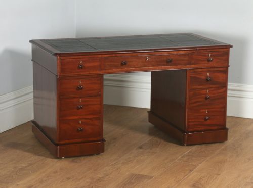 fig 1. Antique English Victorian Mahogany & Leather 4ft 6” Pedestal Office Desk (Circa 1860)