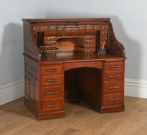 Antique English Edwardian Oak Angus Roll Top Pedestal Office Desk (Circa 1900)
