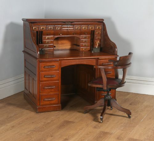fig 1. Antique English Edwardian Oak Angus Roll Top Pedestal Office Desk (Circa 1900)