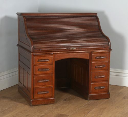 fig 2. Antique English Edwardian Oak Angus Roll Top Pedestal Office Desk (Circa 1900)