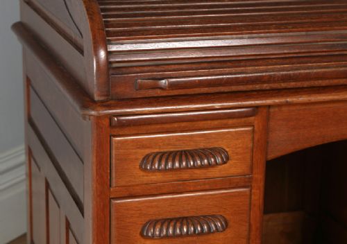 fig 3. Antique English Edwardian Oak Angus Roll Top Pedestal Office Desk (Circa 1900)