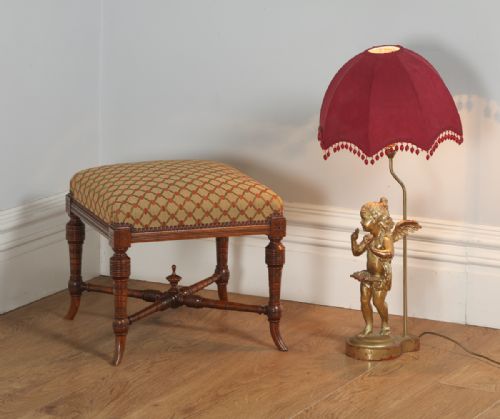 fig 1. Antique English Victorian Walnut Upholstered Foot Stool Poof (Circa 1890)