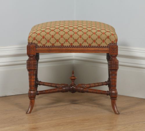 fig 2. Antique English Victorian Walnut Upholstered Foot Stool Poof (Circa 1890)