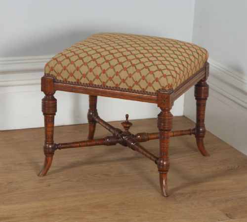 fig 3. Antique English Victorian Walnut Upholstered Foot Stool Poof (Circa 1890)