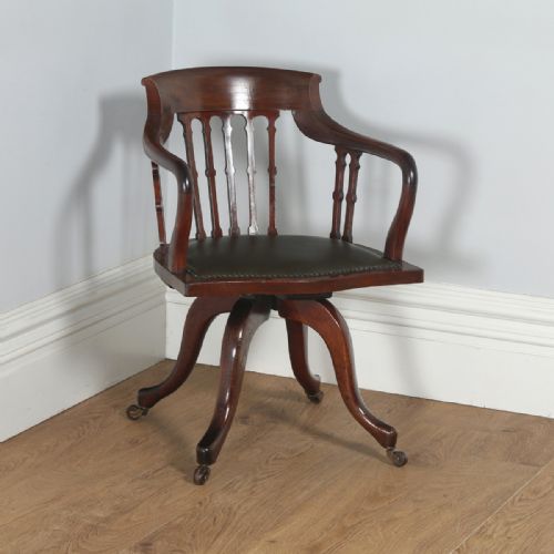 Antique English Victorian Mahogany & Leather Revolving Office Desk Arm Chair by James Schoolbred & Co. (Circa 1880)