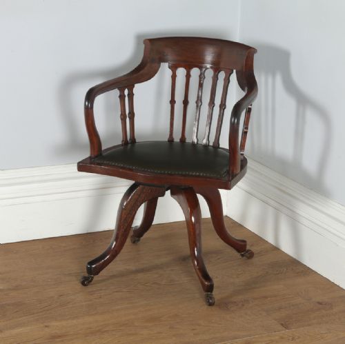 fig 2. Antique English Victorian Mahogany & Leather Revolving Office Desk Arm Chair by James Schoolbred & Co. (Circa 1880)