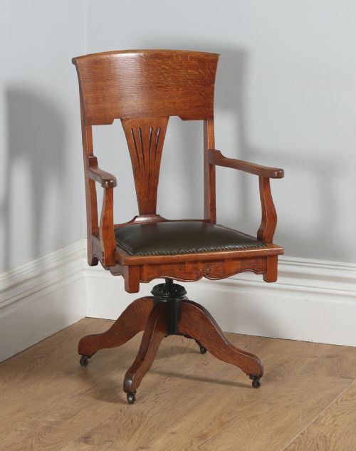 Antique English Edwardian Art Nouveau Oak & Leather Revolving Office Desk Arm Chair (Circa 1910)