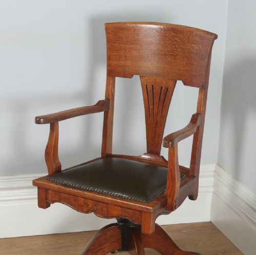 fig 1. Antique English Edwardian Art Nouveau Oak & Leather Revolving Office Desk Arm Chair (Circa 1910)