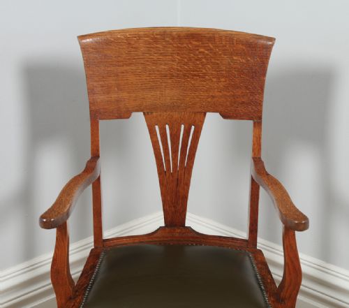 fig 3. Antique English Edwardian Art Nouveau Oak & Leather Revolving Office Desk Arm Chair (Circa 1910)
