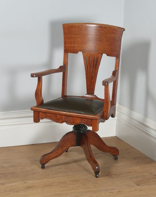 fig 4. Antique English Edwardian Art Nouveau Oak & Leather Revolving Office Desk Arm Chair (Circa 1910)