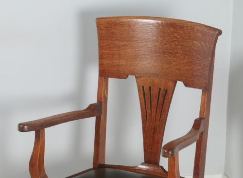 fig 5. Antique English Edwardian Art Nouveau Oak & Leather Revolving Office Desk Arm Chair (Circa 1910)