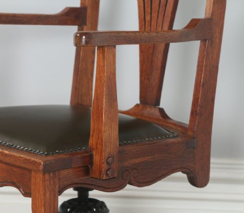 fig 6. Antique English Edwardian Art Nouveau Oak & Leather Revolving Office Desk Arm Chair (Circa 1910)