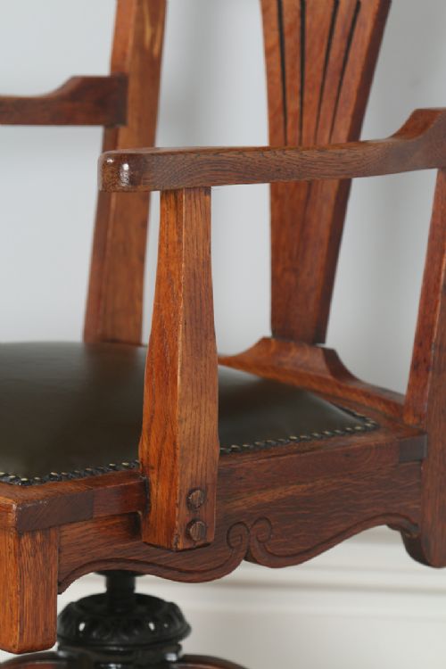 fig 7. Antique English Edwardian Art Nouveau Oak & Leather Revolving Office Desk Arm Chair (Circa 1910)