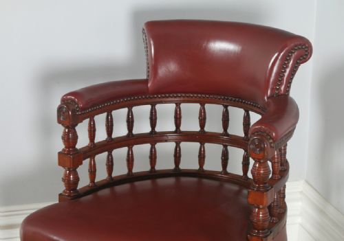fig 3. Antique English Victorian Walnut Burgundy Red Leather Office Desk Arm Chair (Circa 1880)