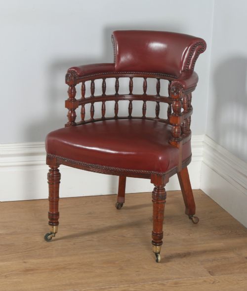 fig 4. Antique English Victorian Walnut Burgundy Red Leather Office Desk Arm Chair (Circa 1880)