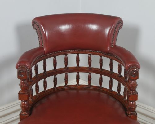 fig 5. Antique English Victorian Walnut Burgundy Red Leather Office Desk Arm Chair (Circa 1880)